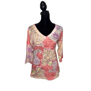 Before Again Pink Burnout Top Size S Artsy 3/4 Sleeve BOHO Floral Print